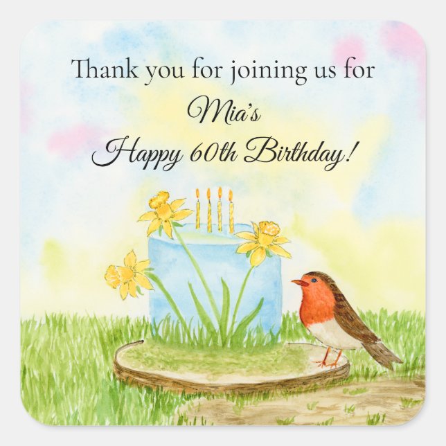 Sticker Carré Thank You 60th Birthday Robin with Daffodil Cake (Devant)