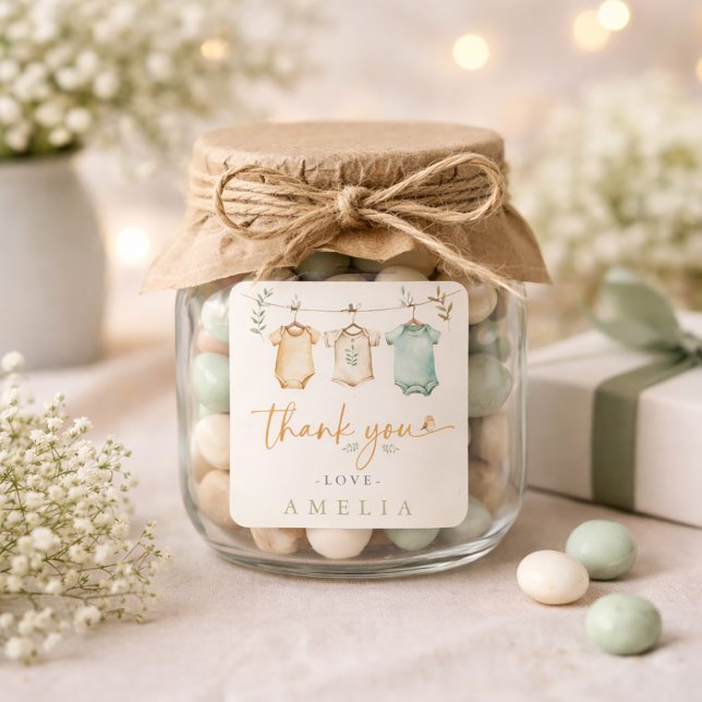 Sticker Carré Thank You Neutral Baby Clothesline Baby Shower (Thank You Neutral Baby Clothesline Baby Shower Square Sticker)