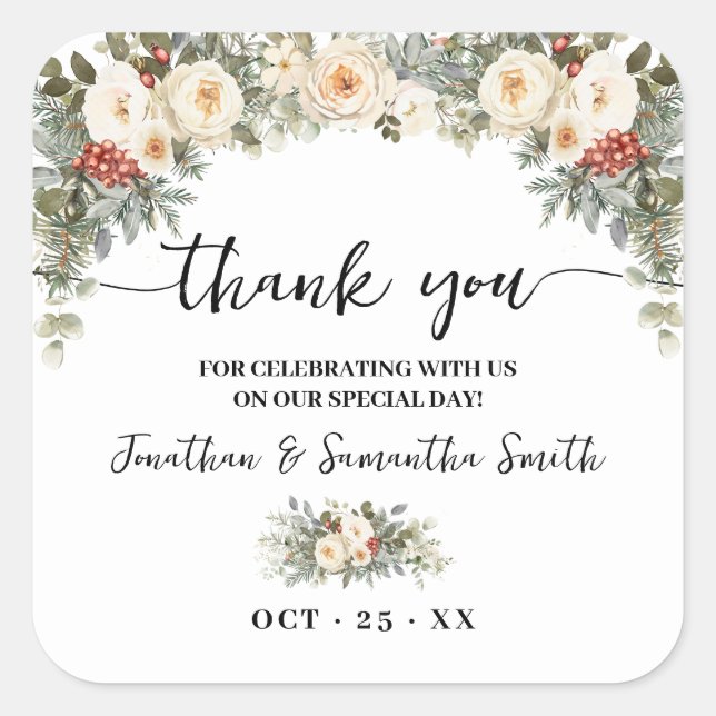 Sticker Carré Thank You White Winter Flowers Wedding (Devant)