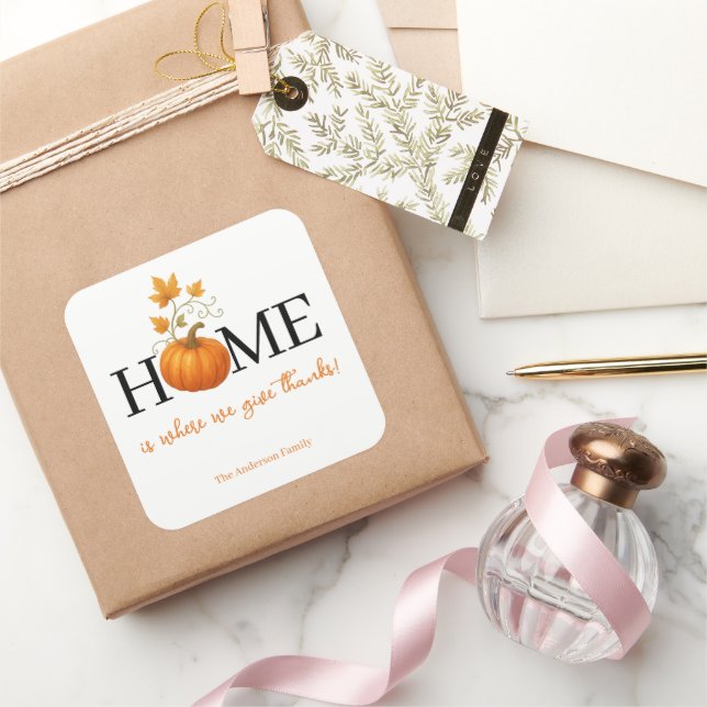 Sticker Carré Thanksgiving Citrouille Home Où nous donnons des r (Cadeaux)