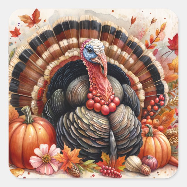Sticker Carré Thanksgiving Turquie Automne Moisson Aquarelle (Devant)