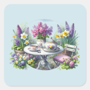 Sticker Carré Thé à la Fleur Vintage dans le Jardin
