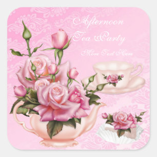 Sticker Carré Thé à la menthe Party Rose Rose Florale Théière Ro