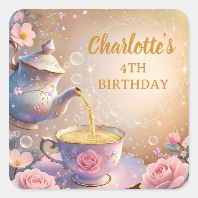 Sticker Carré Théière et tasse à thé florales - Thé Party élégan (Devant)