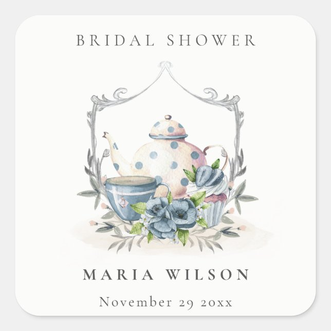 Sticker Carré Théière florale bleue aqua mignonne Crest Shower d (Devant)