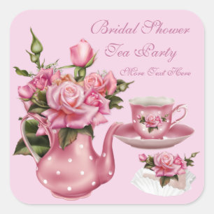 Sticker Carré Théière florale rose rose fête de douche de mariée