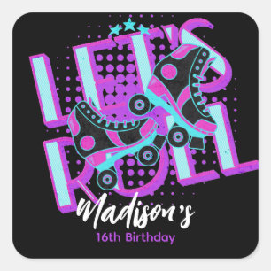 Sticker Carré Thème Anniversaire 16 Ans Patins à Roulettes Sucré