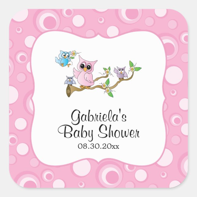 Sticker Carré Thème Baby shower Chouette Bébé Rose (Devant)