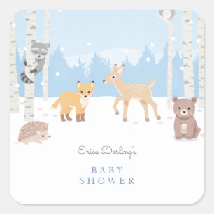 Sticker Carré Thème baby shower Woodland   forêt d'hiver