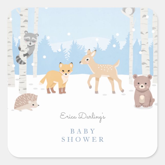 Sticker Carré Thème baby shower Woodland | forêt d'hiver (Devant)