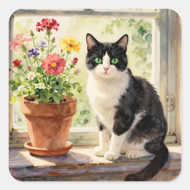 Sticker Carré Thème chat et fleurs (Devant)