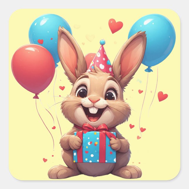Sticker Carré 🎈 Thème de fête d'anniversaire de lapin mignon (Devant)