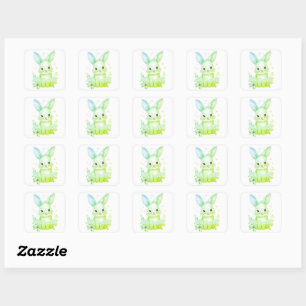 Sticker Carré Thème de fête de lapin vert mignon floral pastel