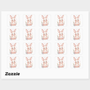 Sticker Carré Thème de fête Lapin Rose Mignon Fleurs Pastel