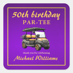 Sticker Carré Thème de golf élégant Chariot Violet Or 50e Annive