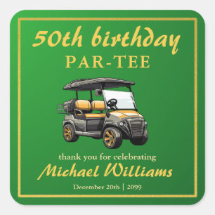 Sticker Carré Thème de golf élégant Panier Vert Or 50e Anniversa