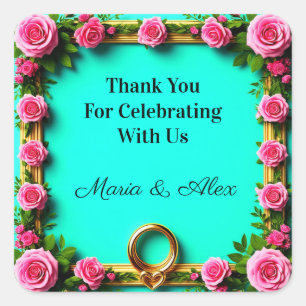 Sticker Carré 💍 Thème de mariage Cœur Or Rose Rose Turquoise 🌸