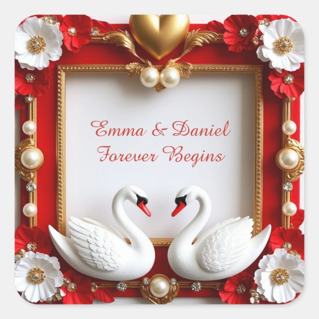 Sticker Carré 🦢 Thème de mariage Cygne Perle Or Rouge 💍 (Devant)