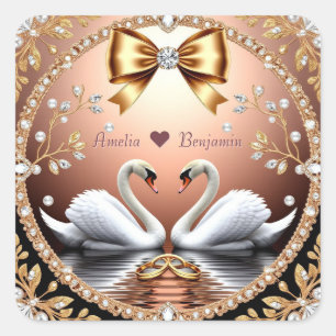 Sticker Carré Thème de mariage en or rose avec cygnes dorés