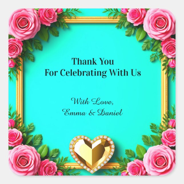 Sticker Carré 🌹 Thème de mariage floral sur turquoise 💐 (Devant)