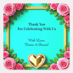 Sticker Carré 🌸 Thème de mariage Turquoise Cœur Or Rose Rose 🌸