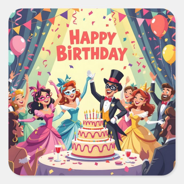 Sticker Carré Thème de masquerade joyeux anniversaire mignon (Devant)