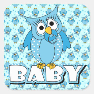 Sticker Carré Thème du Baby shower de l'Hibou de la Polka bleue