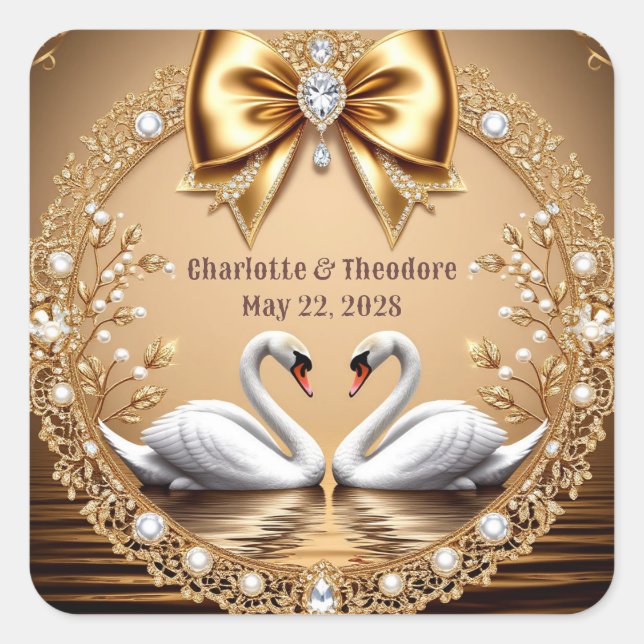 Sticker Carré 💎 Thème Romantique Mariage Cygne Or 🦢 (Devant)