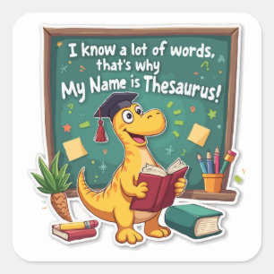Sticker Carré Thésaurus Punny Dinosaur 'Assistant Word'
