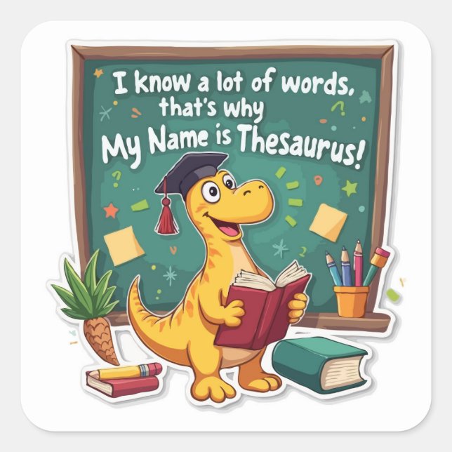 Sticker Carré Thésaurus Punny Dinosaur 'Assistant Word' (Devant)