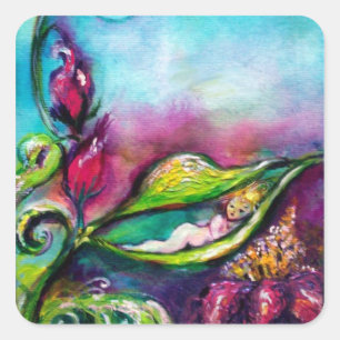 STICKER CARRÉ THUMBELINA DORMIR ENTRE FEUILLES ROSE