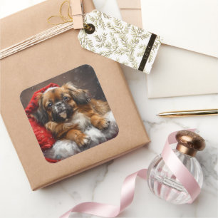 Sticker Carré Tibétain Épagneul Chien Noël Festif