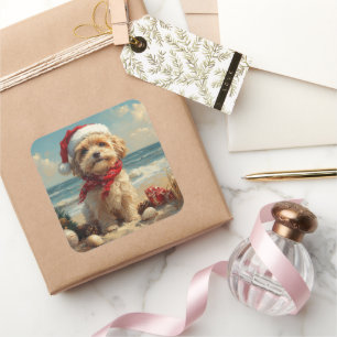 Sticker Carré Tibétain Terrier Chien Noël Vintage Plage