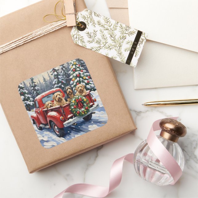Sticker Carré Tibetan Terrier Christmas Red Truck Holiday (Cadeaux)