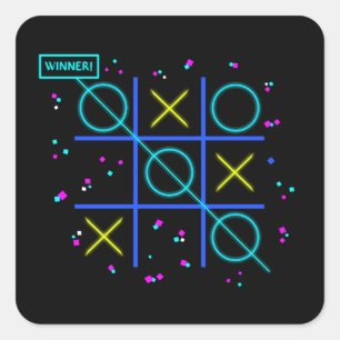 Sticker Carré Tic Tac Toe Néon Rétro Gagnant Lueur Jeu d'Arcade