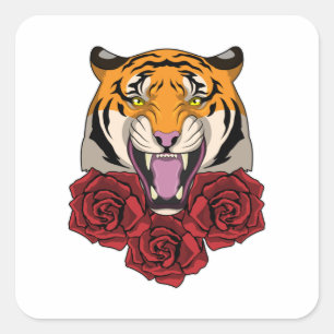 Sticker Carré Tigre avec Rose