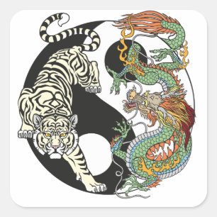 Sticker Carré Tigre blanc contre dragon vert sur la place Yin ya