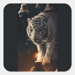 Sticker Carré Tigre Blanc – Gardien de la lumière des bougies en