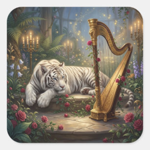 Sticker Carré Tigre blanc & Harpe dorée – Conservatoire au clair