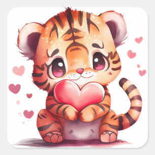 Sticker Carré Tigre du Coeur mignon Valentine
