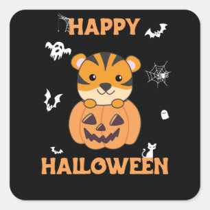 Sticker Carré Tigre En Citrouille Tigre Doux Joyeux Halloween