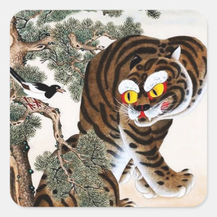 Sticker Carré Tigre et pie Minhwa sous un pin