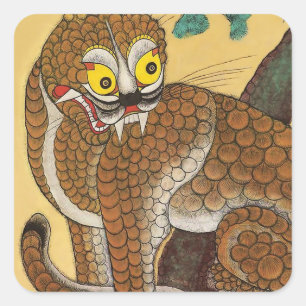 Sticker Carré Tigre laid folklorique coréen Minhwa