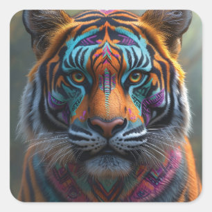 Sticker Carré Tigre majestueux avec peinture faciale Tribale vib