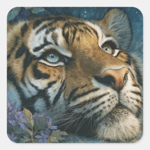 Sticker Carré Tigre Majestueux Se Cachant Derrière des Fleurs Sa