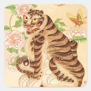 Sticker Carré Tigre rayé coréen Vintage Minhwa