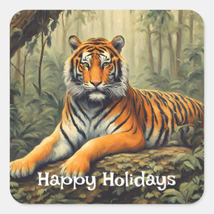 Sticker Carré Tigre Sauvage Dans La Forêt Tropicale Vintage