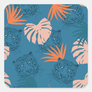 Sticker Carré Tigres tropicaux Feuilles Bleu profond