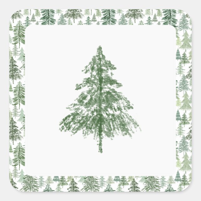 Sticker Carré Timbre d'arbre de pin vert Noël  (Devant)