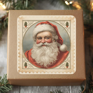 Sticker Carré Timbre de Noël classique Portrait de Père Noël vin
